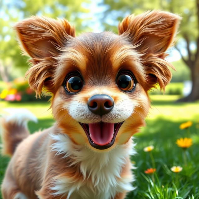 A playful and cute dog with an oversized head, featuring large expressive eyes and a wide, happy smile