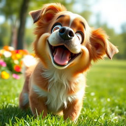 A playful and cute dog with an oversized head, featuring large expressive eyes and a wide, happy smile