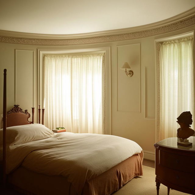 An oddly-shaped room designed in a neoclassical style, featuring a cozy bedroom set. The room has a single, small window allowing soft, natural light to filter in.