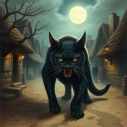 A very fierce and terrifying cat, with sharp fangs and piercing eyes, prowling through a small village