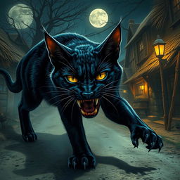 A very fierce and terrifying cat, with sharp fangs and piercing eyes, prowling through a small village