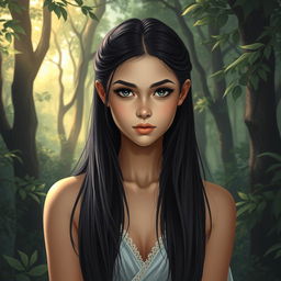 A fantasy book cover portraying a 17-year-old girl, the daughter of Athena, set in an enchanting forest