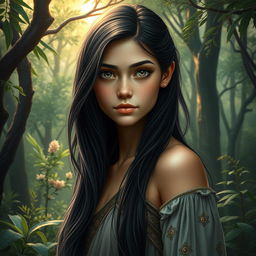 A fantasy book cover portraying a 17-year-old girl, the daughter of Athena, set in an enchanting forest