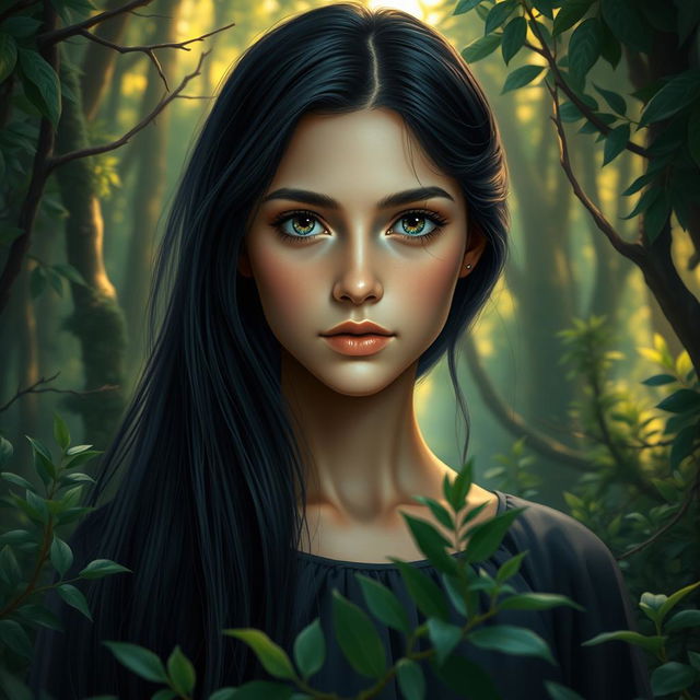 A fantasy book cover portraying a 17-year-old girl, the daughter of Athena, set in an enchanting forest