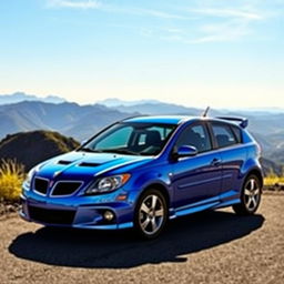 A vibrant 2009 Pontiac Vibe GT parked on a scenic overlook, showcasing its sleek sporty design and unique hatchback silhouette