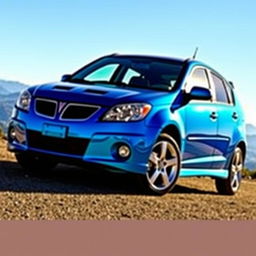 A vibrant 2009 Pontiac Vibe GT parked on a scenic overlook, showcasing its sleek sporty design and unique hatchback silhouette