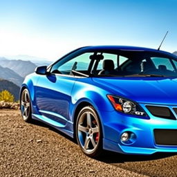 A vibrant 2009 Pontiac Vibe GT parked on a scenic overlook, showcasing its sleek sporty design and unique hatchback silhouette