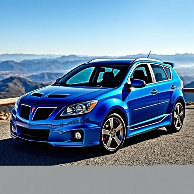 A vibrant 2009 Pontiac Vibe GT parked on a scenic overlook, showcasing its sleek sporty design and unique hatchback silhouette