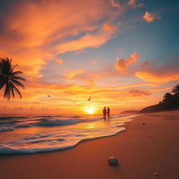 A visually stunning and cinematic video scene showcasing a serene beach at sunset