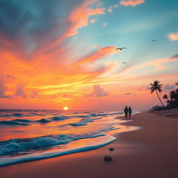 A visually stunning and cinematic video scene showcasing a serene beach at sunset