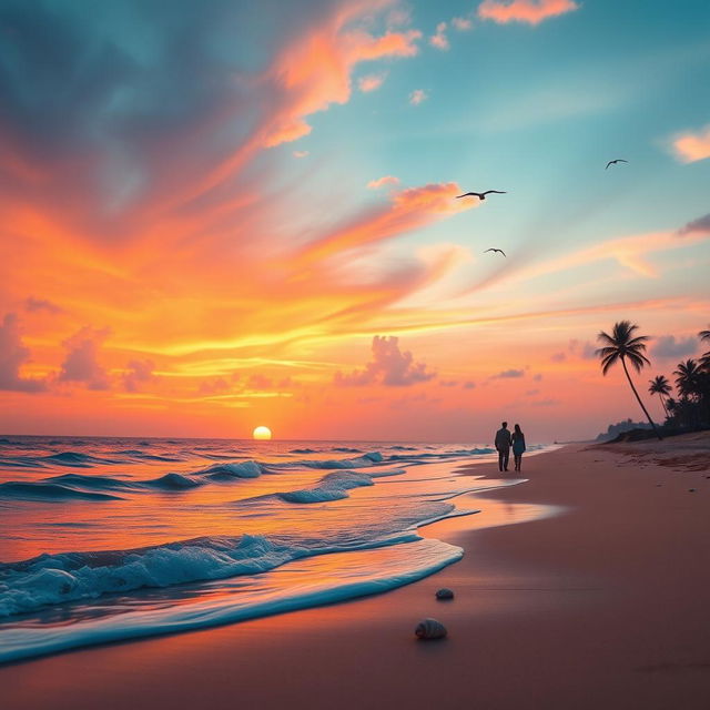 A visually stunning and cinematic video scene showcasing a serene beach at sunset