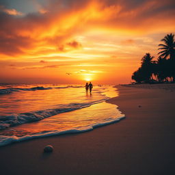 A visually stunning and cinematic video scene showcasing a serene beach at sunset
