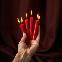 A close-up image of a hand gracefully holding six vibrant red candles, each candle flickering softly with a warm flame