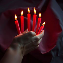 A close-up image of a hand gracefully holding six vibrant red candles, each candle flickering softly with a warm flame