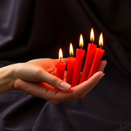 A close-up image of a hand gracefully holding six vibrant red candles, each candle flickering softly with a warm flame