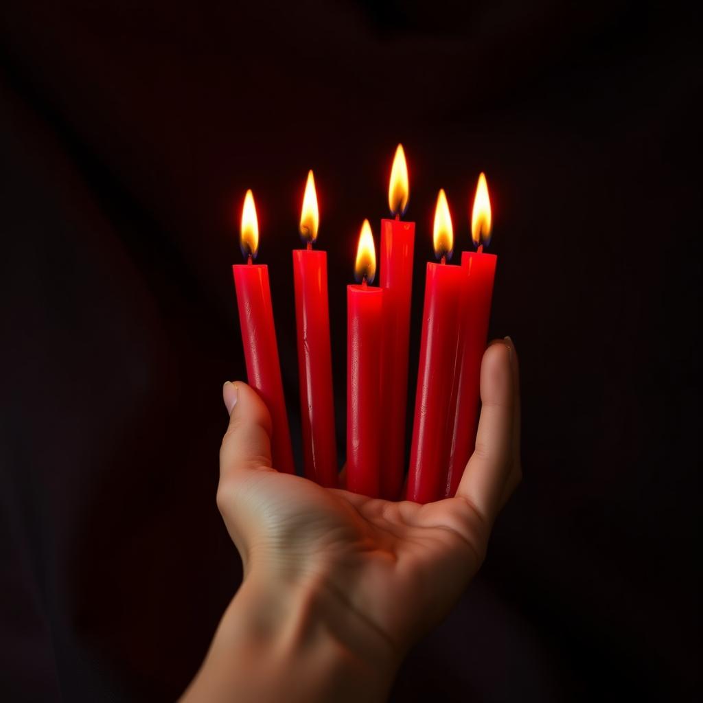 A close-up image of a hand gracefully holding six vibrant red candles, each candle flickering softly with a warm flame