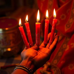 An artistic representation of a hand holding six vibrant red candles, specifically for Shango, the African deity associated with fire and thunder