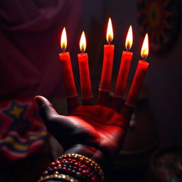 An artistic representation of a hand holding six vibrant red candles, specifically for Shango, the African deity associated with fire and thunder