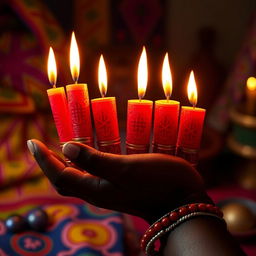 An artistic representation of a hand holding six vibrant red candles, specifically for Shango, the African deity associated with fire and thunder