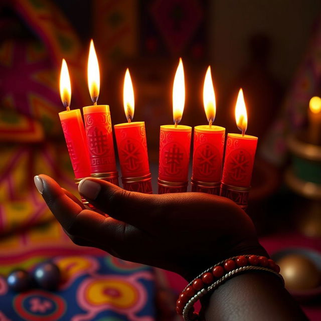 An artistic representation of a hand holding six vibrant red candles, specifically for Shango, the African deity associated with fire and thunder