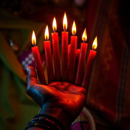 An artistic representation of a hand holding six vibrant red candles, specifically for Shango, the African deity associated with fire and thunder