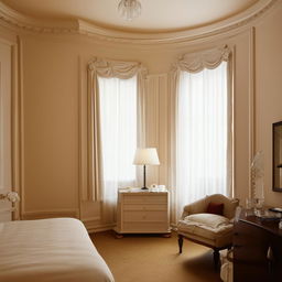 An oddly-shaped room designed in a neoclassical style, featuring a cozy bedroom set. The room has a single, small window allowing soft, natural light to filter in.