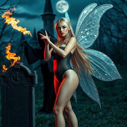 A full-length photographic image of a sexy, sweet, and innocent fairy with long, flowing blonde hair and shimmering silver wings, standing in a captivating cemetery outside a gothic castle at midnight under the moonlight