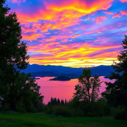 A serene landscape featuring a vibrant sunset over a tranquil lake, with colorful reflections on the water