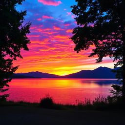 A serene landscape featuring a vibrant sunset over a tranquil lake, with colorful reflections on the water