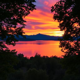 A serene landscape featuring a vibrant sunset over a tranquil lake, with colorful reflections on the water