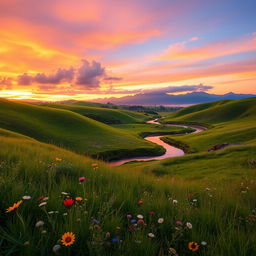 A beautifully extended background from a photo featuring a serene landscape with rolling hills and a vibrant sunset