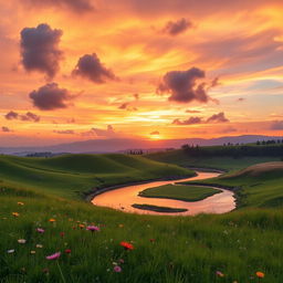 A beautifully extended background from a photo featuring a serene landscape with rolling hills and a vibrant sunset