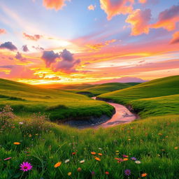 A beautifully extended background from a photo featuring a serene landscape with rolling hills and a vibrant sunset