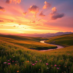 A beautifully extended background from a photo featuring a serene landscape with rolling hills and a vibrant sunset