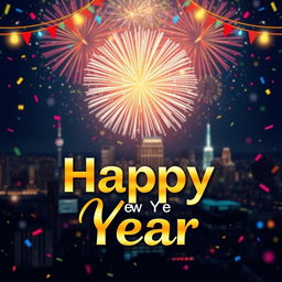 A vibrant and festive New Year design featuring a stunning fireworks display in the night sky, illuminating a city skyline