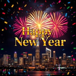 A vibrant and festive New Year design featuring a stunning fireworks display in the night sky, illuminating a city skyline