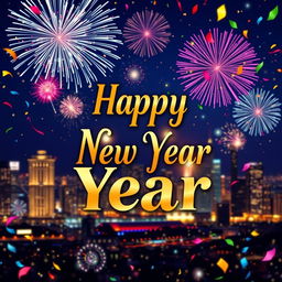 A vibrant and festive New Year design featuring a stunning fireworks display in the night sky, illuminating a city skyline