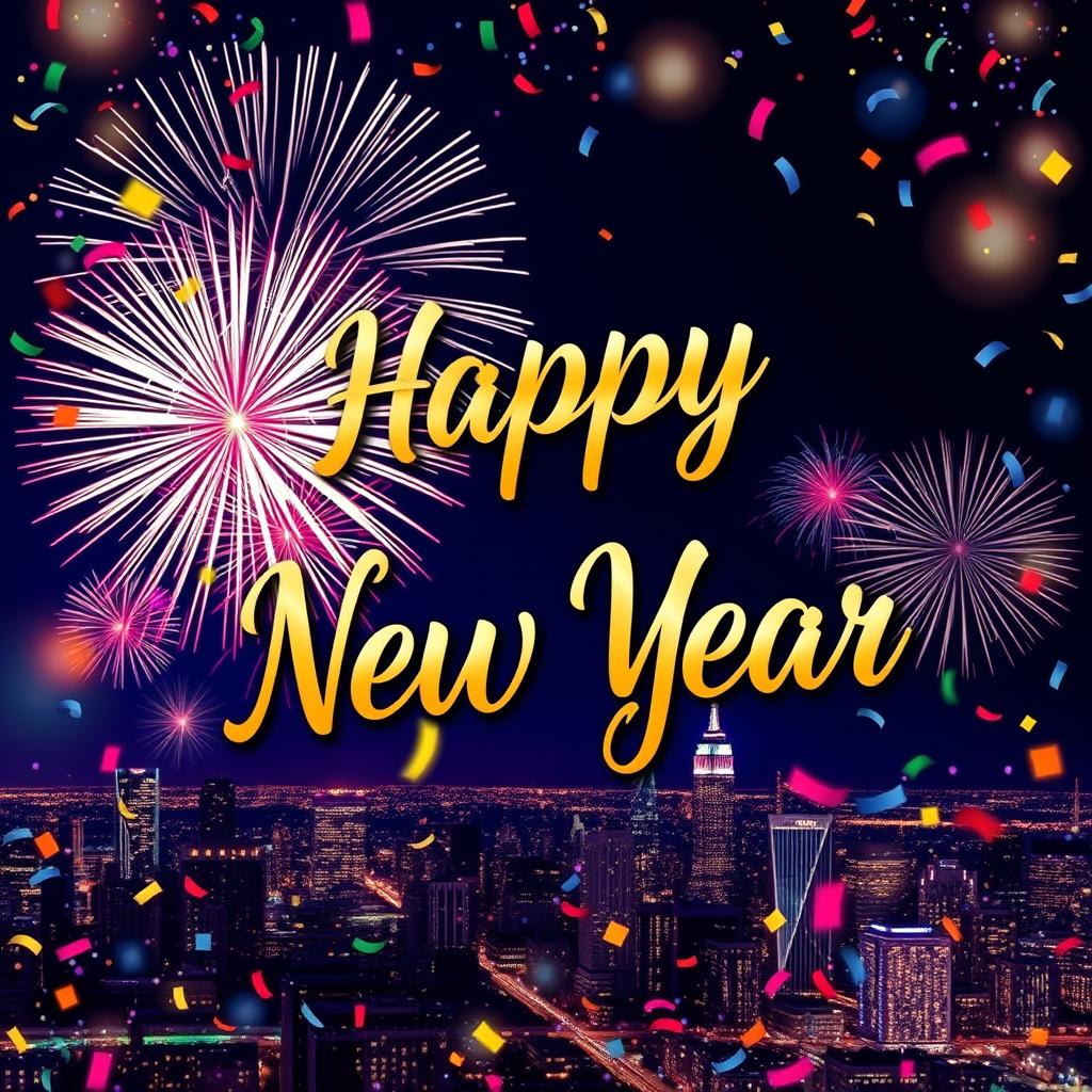 A vibrant and festive New Year design featuring a stunning fireworks display in the night sky, illuminating a city skyline