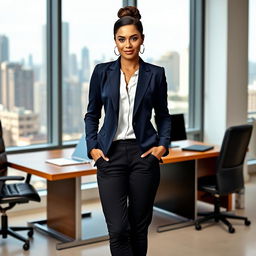 A confident businesswoman standing in a professional office environment, wearing a tailored navy blue blazer with sharp lapels, a crisp white blouse underneath, and fitted black trousers