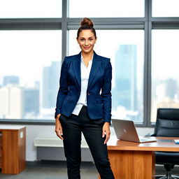A confident businesswoman standing in a professional office environment, wearing a tailored navy blue blazer with sharp lapels, a crisp white blouse underneath, and fitted black trousers