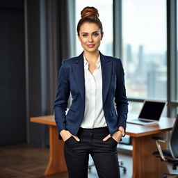 A confident businesswoman standing in a professional office environment, wearing a tailored navy blue blazer with sharp lapels, a crisp white blouse underneath, and fitted black trousers