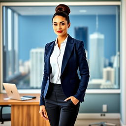 A confident businesswoman standing in a professional office environment, wearing a tailored navy blue blazer with sharp lapels, a crisp white blouse underneath, and fitted black trousers
