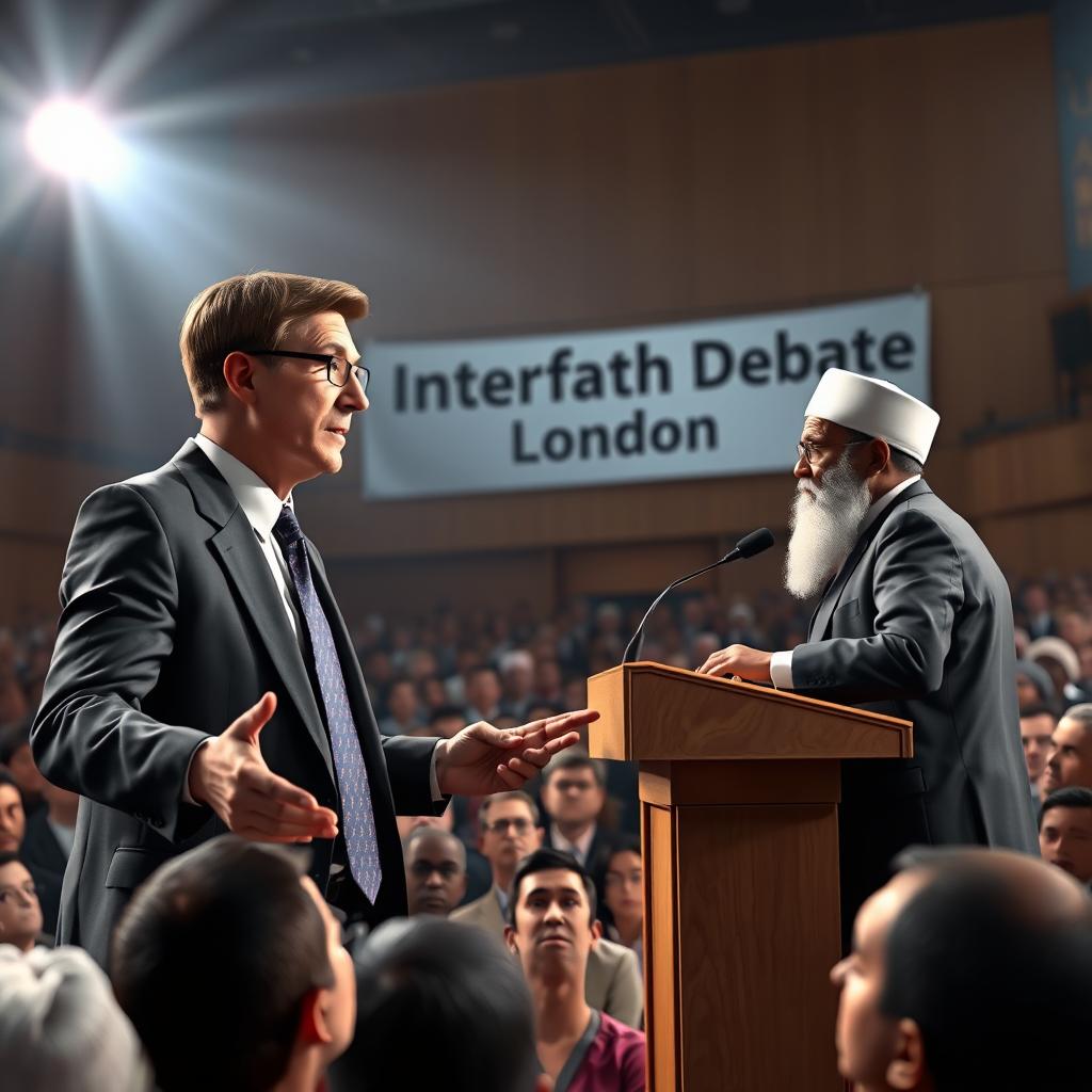 A realistic 3D illustration capturing the intense atmosphere of a debate in a large auditorium