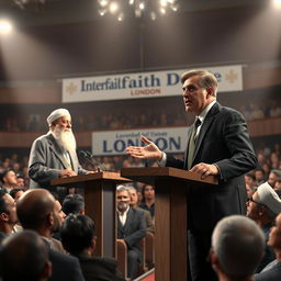 A realistic 3D illustration capturing the intense atmosphere of a debate in a large auditorium