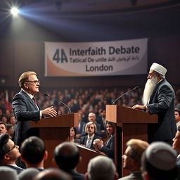 A realistic 3D illustration capturing the intense atmosphere of a debate in a large auditorium