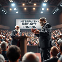 A realistic 3D illustration capturing the intense atmosphere of a debate in a large auditorium