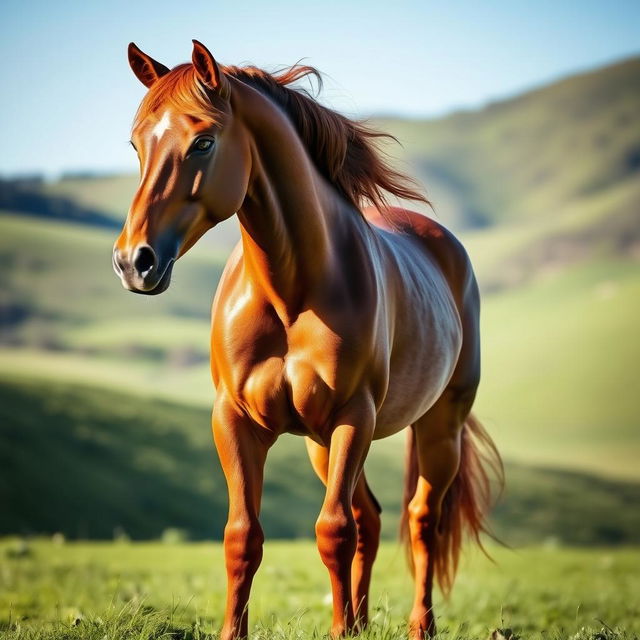 A stunningly beautiful horse with a glossy coat, standing majestically in a lush green meadow