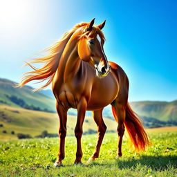 A stunningly beautiful horse with a glossy coat, standing majestically in a lush green meadow