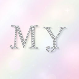 A sparkly, jeweled, silver word 'MY' designed in an elegant, decorative font, resembling a glamorous and romantic wedding invitation