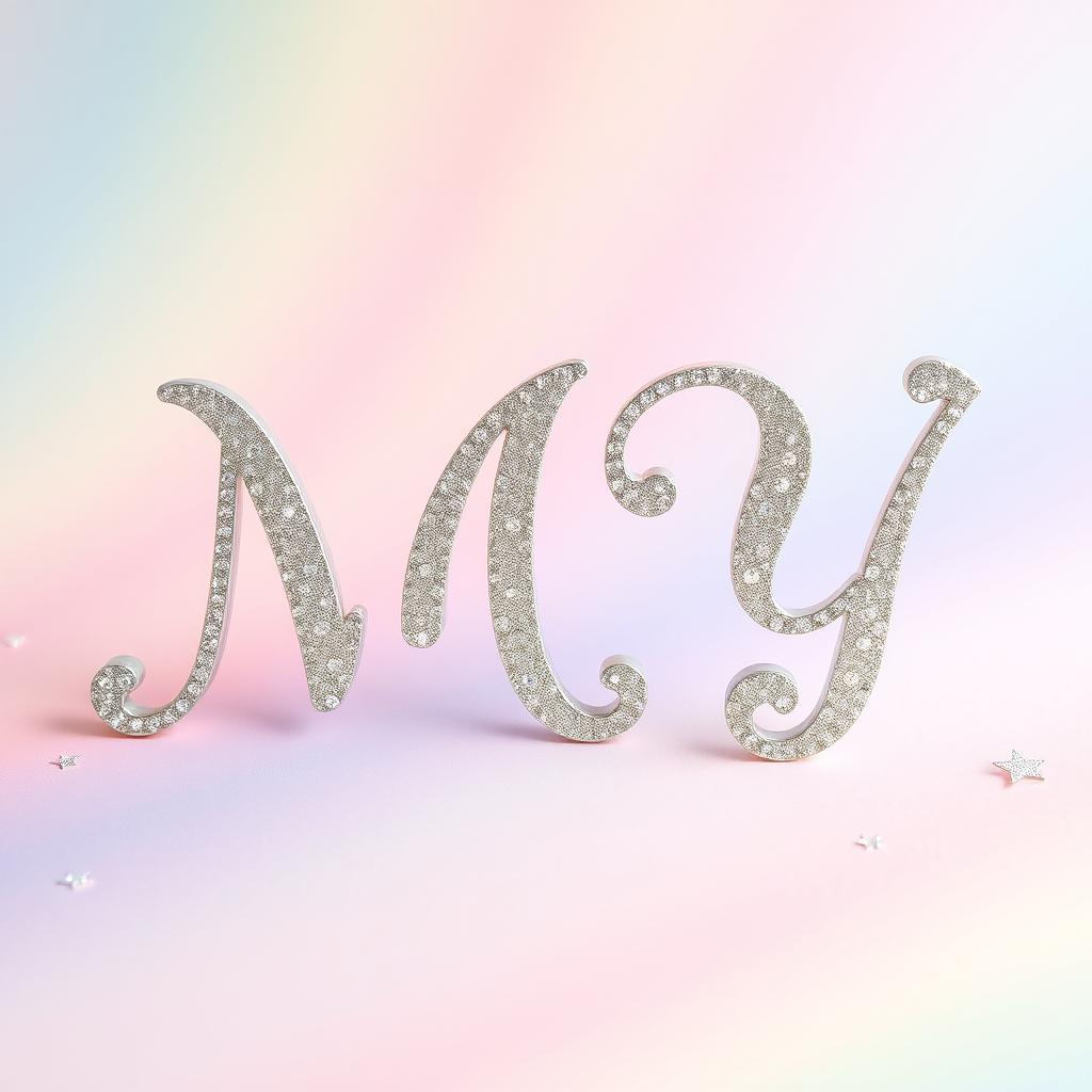 A sparkly, jeweled, silver word 'MY' designed in an elegant, decorative font, resembling a glamorous and romantic wedding invitation